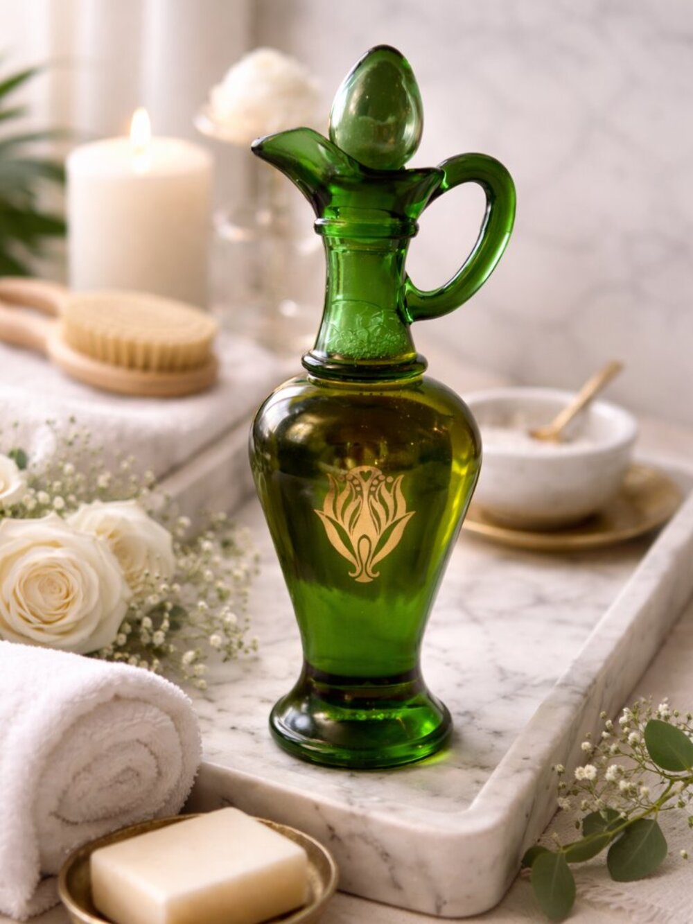 Avon Charisma Green Glass Bath Oil Urn 9” NIB Vintage Gold Motif Collectible - Picture 3 of 9